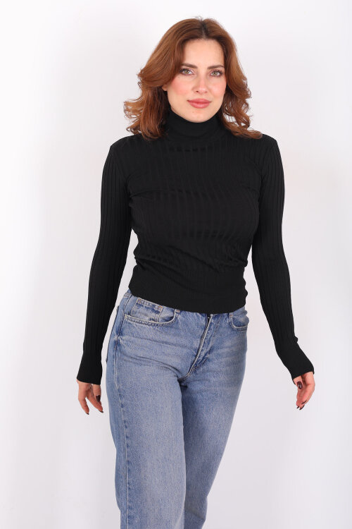 Fitilli Balıkçı Yaka Siyah Kadın Triko Kazak - 3