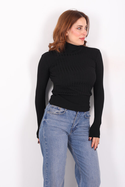 Fitilli Balıkçı Yaka Siyah Kadın Triko Kazak - 5