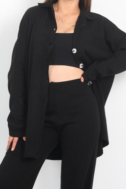 Fitilli Bol Paça Triko Siyah Kadın Gömlek Takım - 4