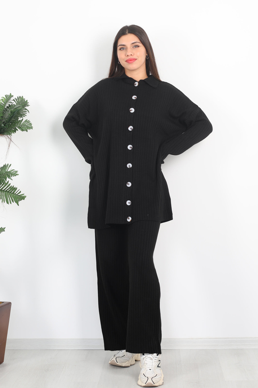 Fitilli Bol Paça Triko Siyah Kadın Gömlek Takım - 1