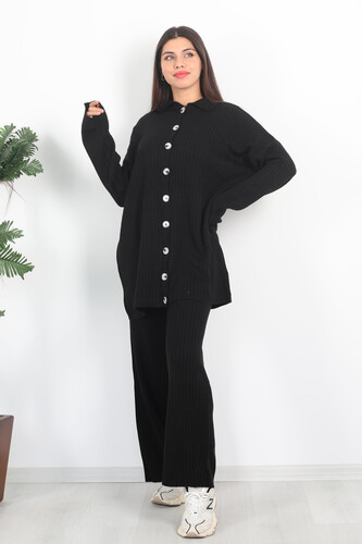 Fitilli Bol Paça Triko Siyah Kadın Gömlek Takım - Berox (1)