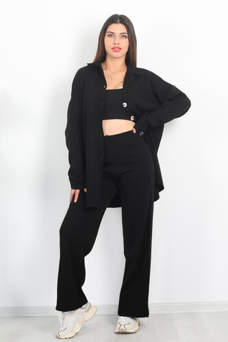 Fitilli Bol Paça Triko Siyah Kadın Gömlek Takım - 3