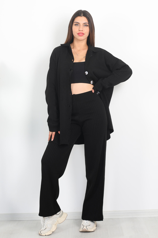 Fitilli Bol Paça Triko Siyah Kadın Gömlek Takım - 3