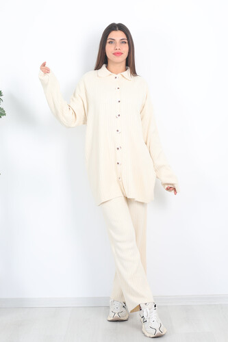 Fitilli Bol Paça Triko Taş Rengi Kadın Gömlek Takım - Berox