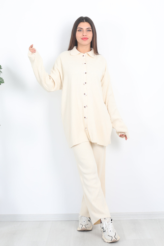 Fitilli Bol Paça Triko Taş Rengi Kadın Gömlek Takım - 1