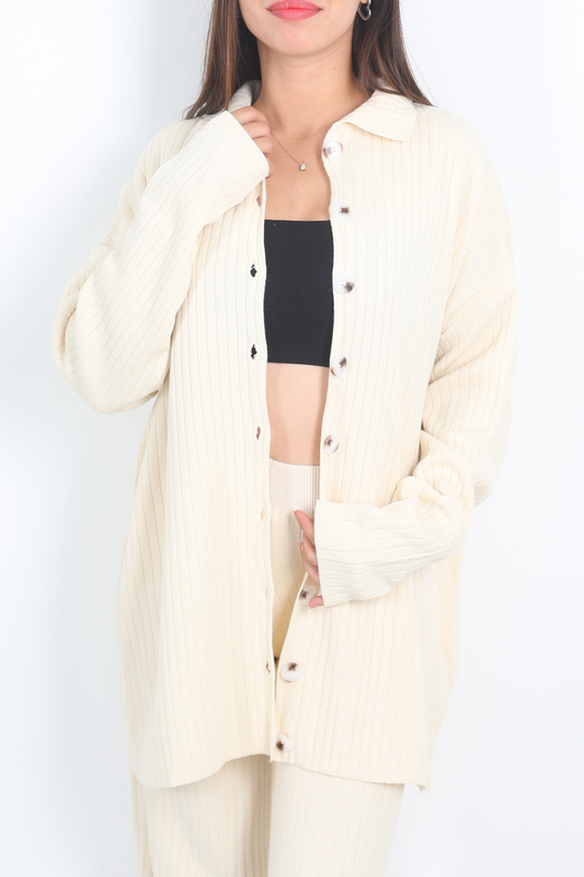 Fitilli Bol Paça Triko Taş Rengi Kadın Gömlek Takım - 4