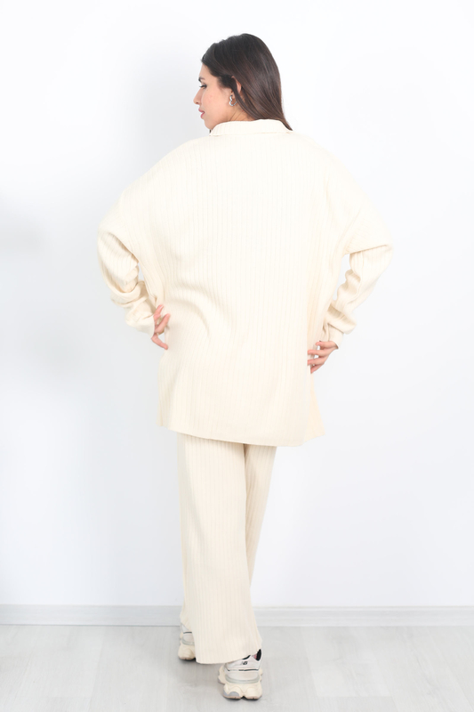 Fitilli Bol Paça Triko Taş Rengi Kadın Gömlek Takım - 5