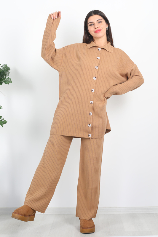 Fitilli Bol Paça Triko Vizon Kadın Gömlek Takım - 1