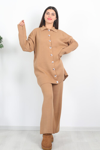 Fitilli Bol Paça Triko Vizon Kadın Gömlek Takım - Berox (1)