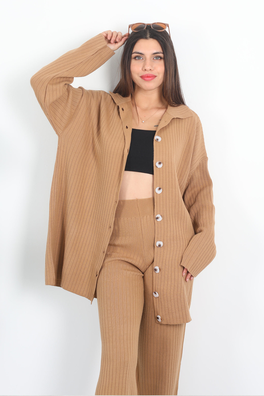 Fitilli Bol Paça Triko Vizon Kadın Gömlek Takım - 4