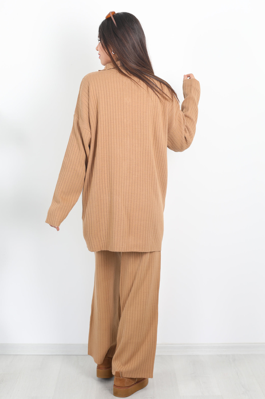 Fitilli Bol Paça Triko Vizon Kadın Gömlek Takım - 6