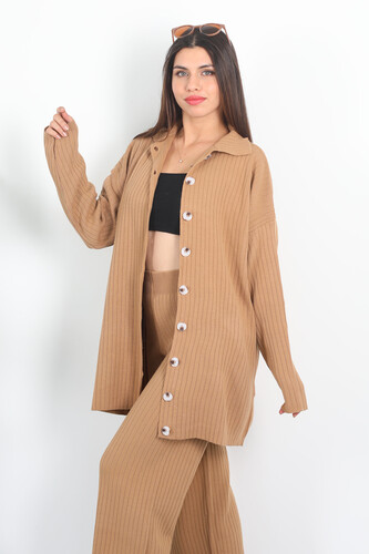 Fitilli Bol Paça Triko Vizon Kadın Gömlek Takım - 5