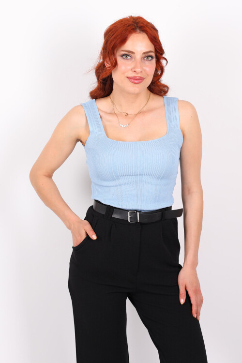 Fitilli Kare Yaka Kalın Askı Bebe Mavisi Kadın Triko Body 
