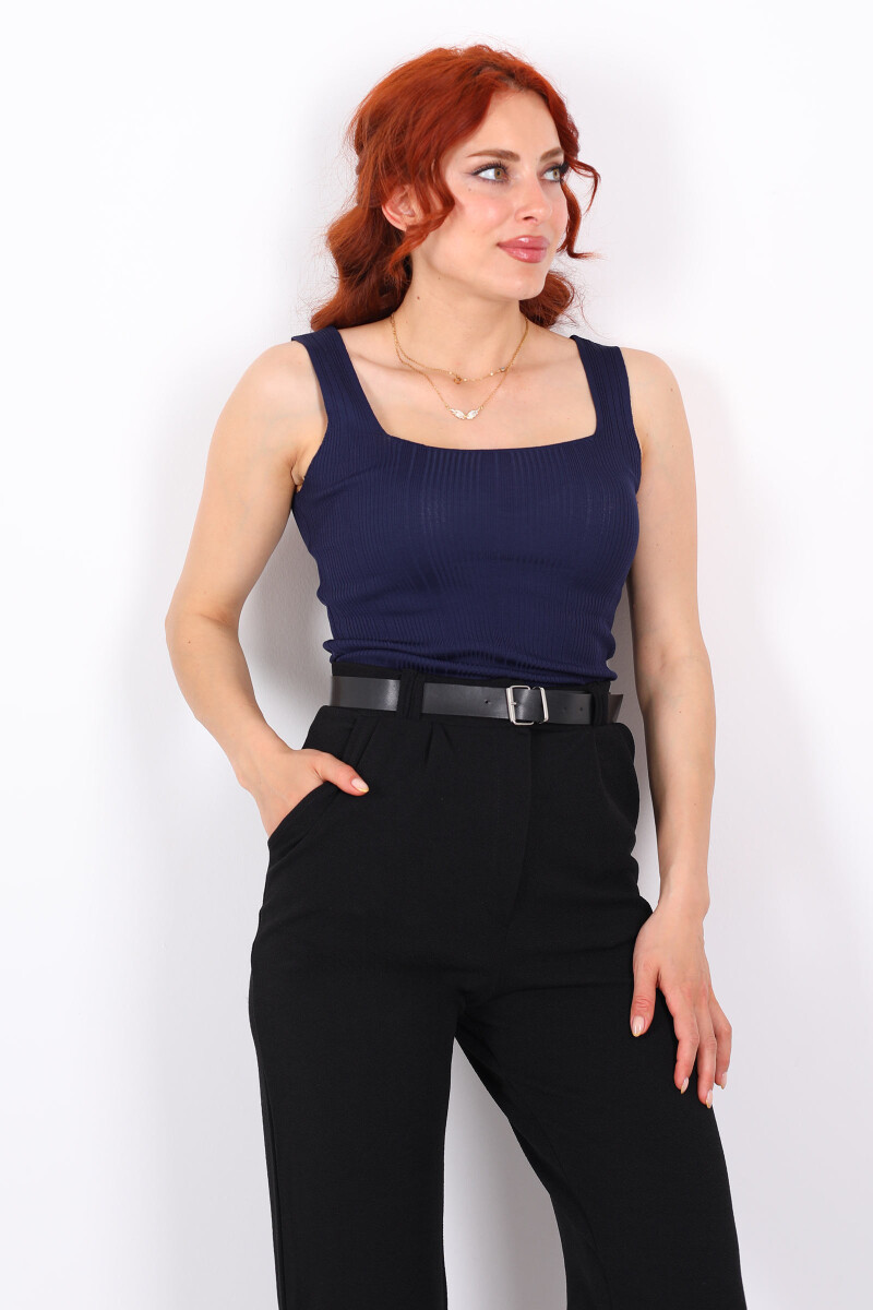 Fitilli Kare Yaka Kalın Askı Lacivert Kadın Triko Body - 4