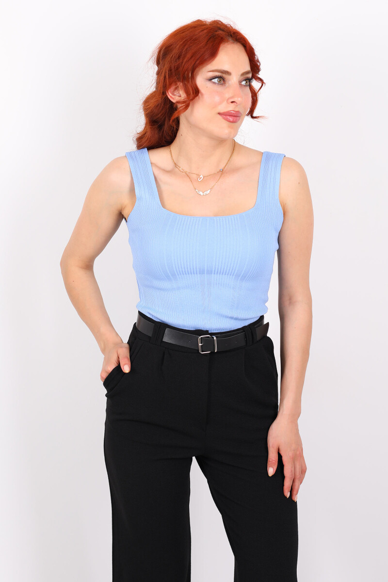Fitilli Kare Yaka Kalın Askı Mavi Kadın Triko Body - 4