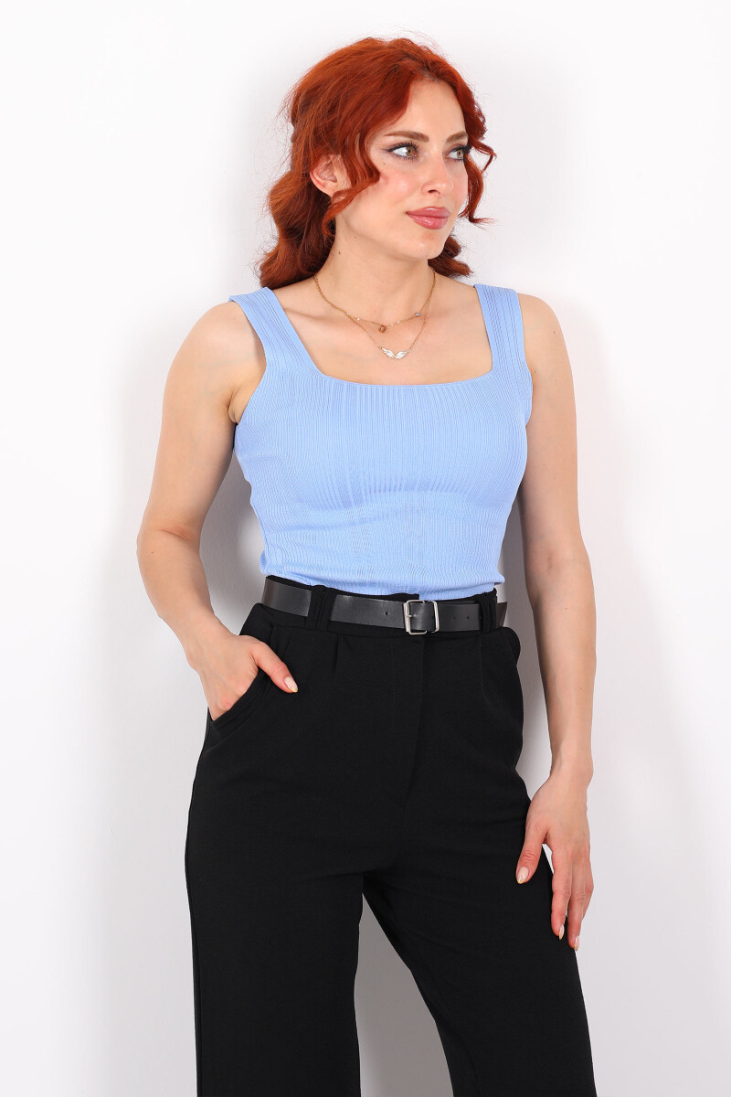 Fitilli Kare Yaka Kalın Askı Mavi Kadın Triko Body - 3