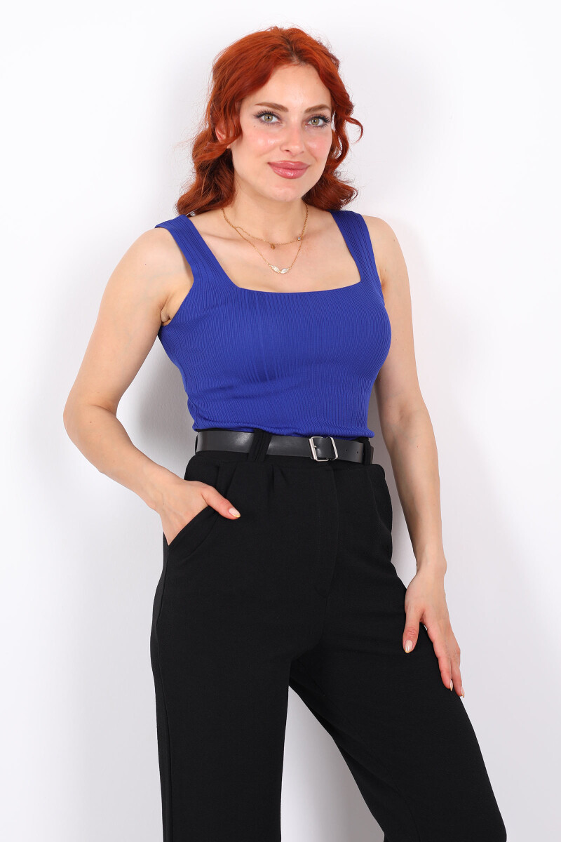 Fitilli Kare Yaka Kalın Askı Saks Mavisi Kadın Triko Body - 3