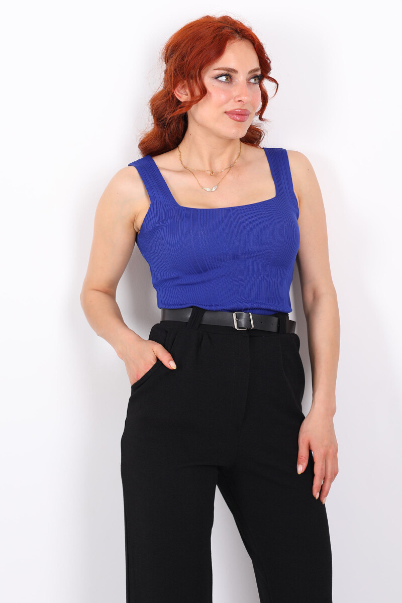 Fitilli Kare Yaka Kalın Askı Saks Mavisi Kadın Triko Body - 4