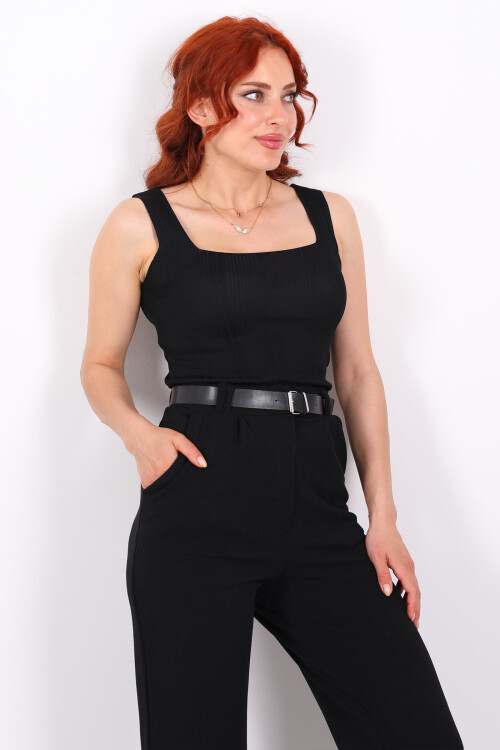 Fitilli Kare Yaka Kalın Askı Siyah Kadın Triko Body 