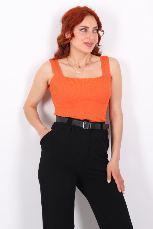 Fitilli Kare Yaka Kalın Askı Turuncu Kadın Triko Body - 4