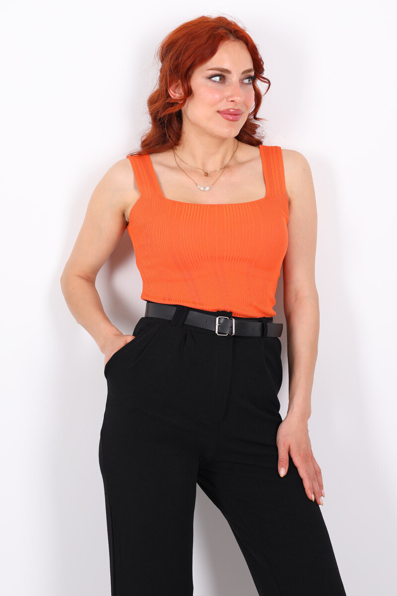 Fitilli Kare Yaka Kalın Askı Turuncu Kadın Triko Body - 4