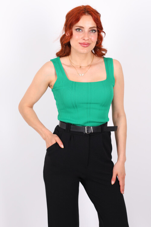 Fitilli Kare Yaka Kalın Askı Yeşil Kadın Triko Body - 3