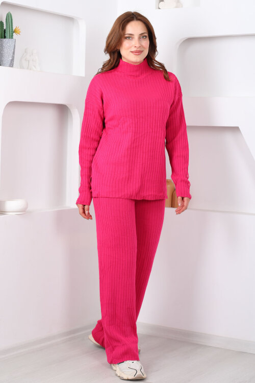 Fitilli Kol Süs Düğmeli Kadın Fuşya Triko Takım - 4