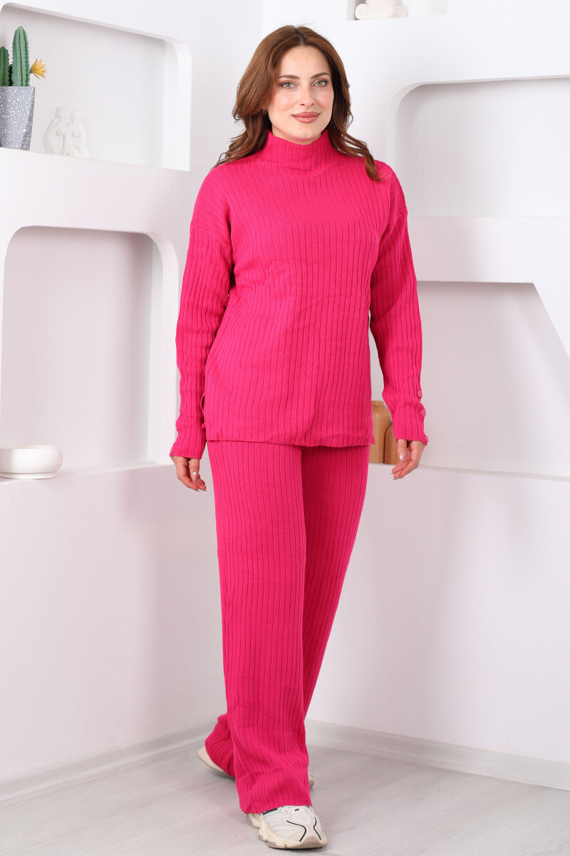 Fitilli Kol Süs Düğmeli Kadın Fuşya Triko Takım - 4