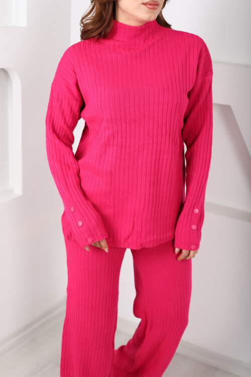 Fitilli Kol Süs Düğmeli Kadın Fuşya Triko Takım - Berox (1)