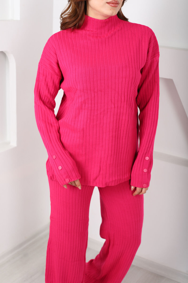 Fitilli Kol Süs Düğmeli Kadın Fuşya Triko Takım - 2