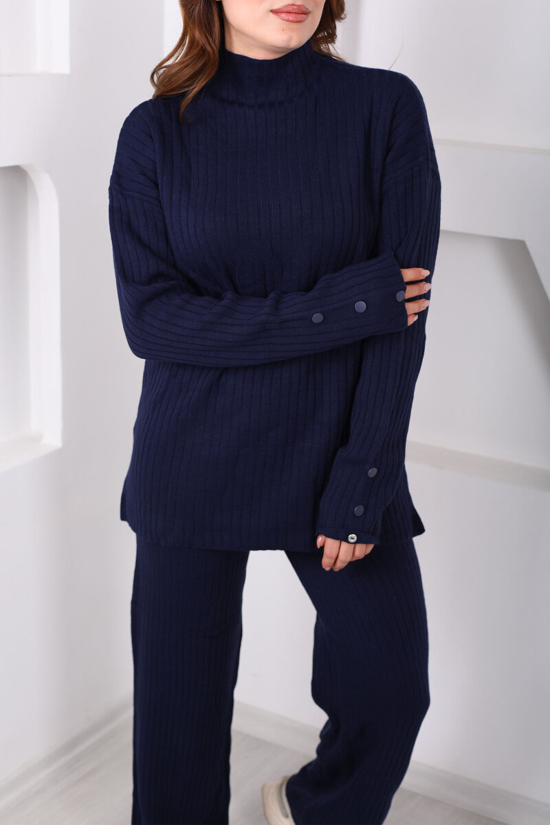 Fitilli Kol Süs Düğmeli Kadın Lacivert Triko Takım - 2