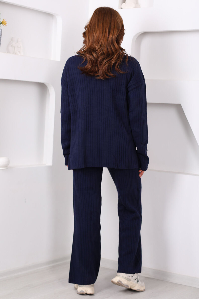 Fitilli Kol Süs Düğmeli Kadın Lacivert Triko Takım - 6