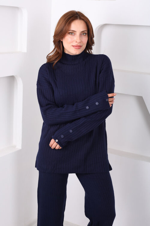 Fitilli Kol Süs Düğmeli Kadın Lacivert Triko Takım - 5