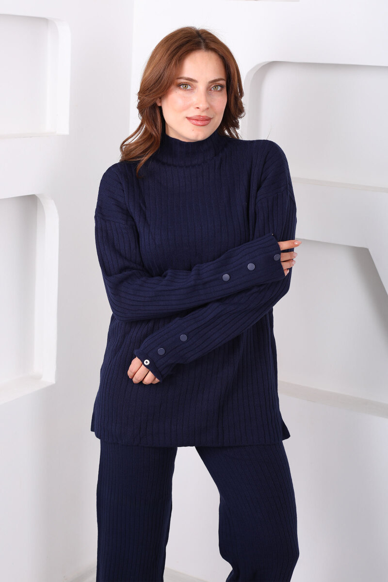 Fitilli Kol Süs Düğmeli Kadın Lacivert Triko Takım - 5