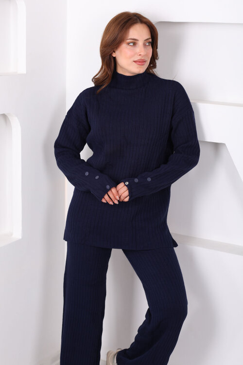 Fitilli Kol Süs Düğmeli Kadın Lacivert Triko Takım - 3