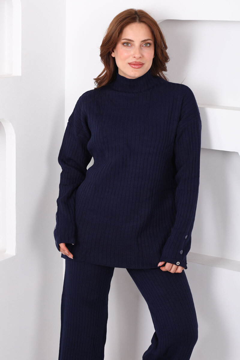 Fitilli Kol Süs Düğmeli Kadın Lacivert Triko Takım - 7