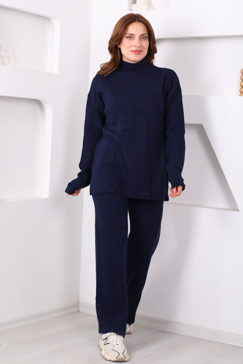 Fitilli Kol Süs Düğmeli Kadın Lacivert Triko Takım - 4