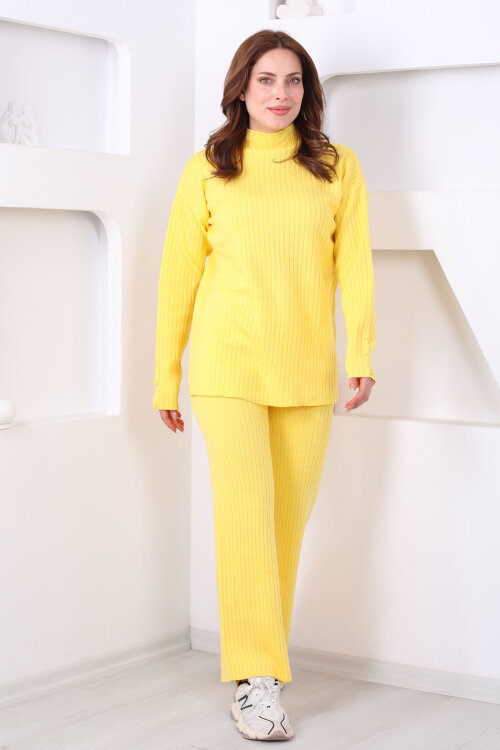 Fitilli Kol Süs Düğmeli Kadın Sarı Triko Takım - 3