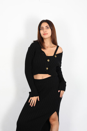 Fitilli Siyah Kadın Üçlü Triko Etek Takım (Crop- Hırka- Etek) - 4