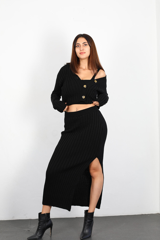 Fitilli Siyah Kadın Üçlü Triko Etek Takım (Crop- Hırka- Etek) - 1