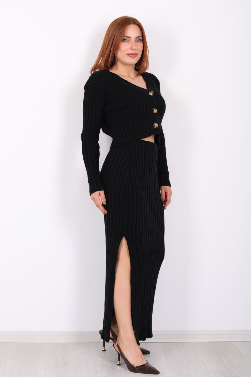 Fitilli Siyah Kadın Üçlü Triko Etek Takım (Crop - Hırka - Etek) - 3