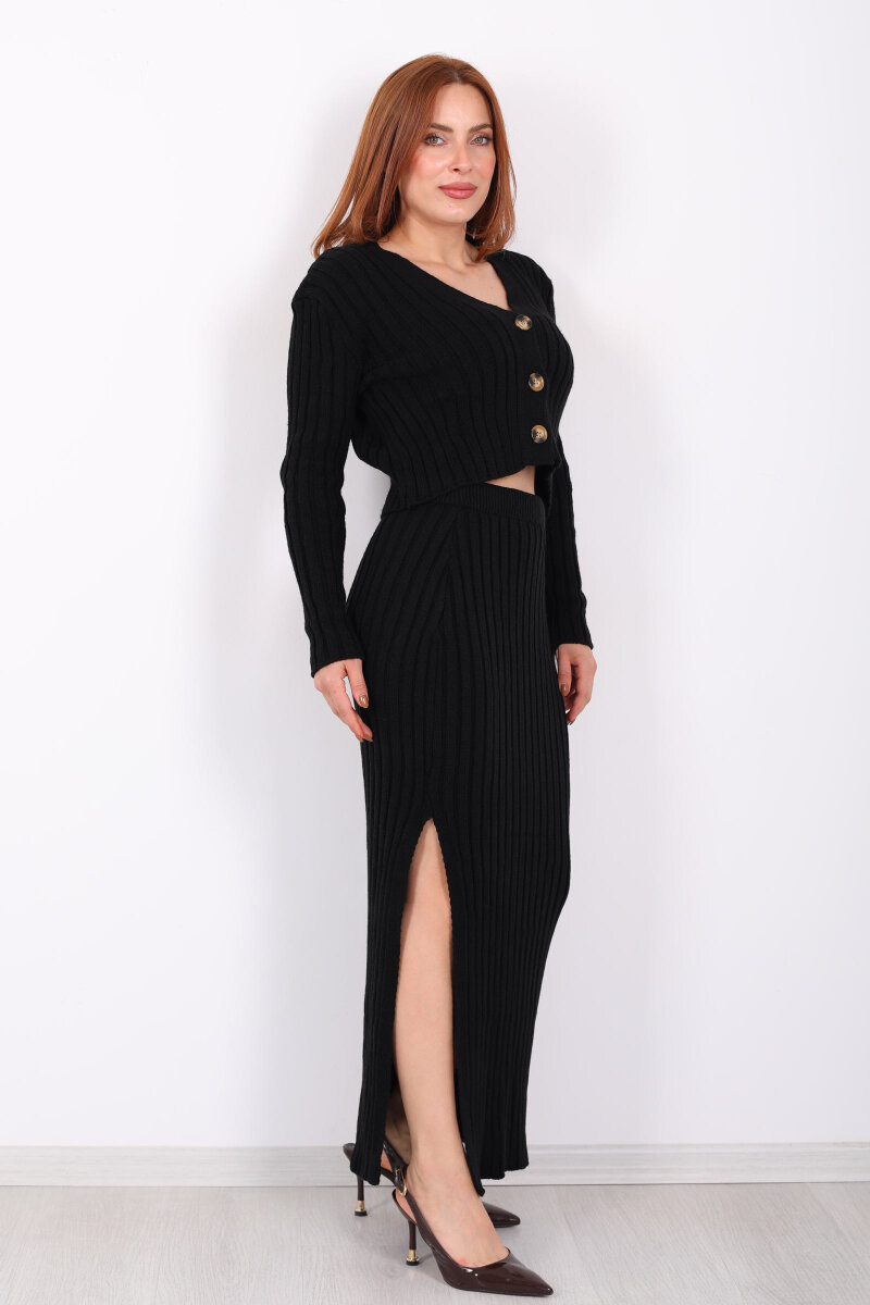 Fitilli Siyah Kadın Üçlü Triko Etek Takım (Crop - Hırka - Etek) - 3