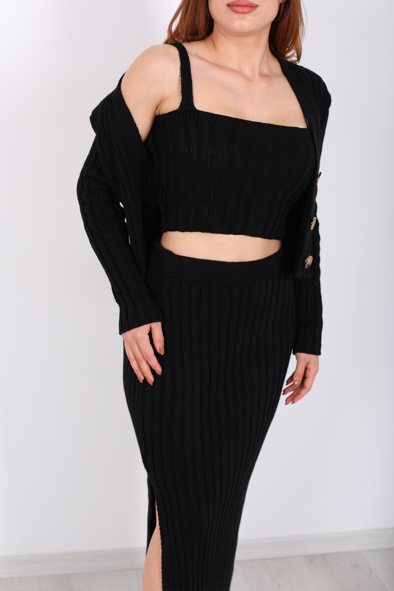 Fitilli Siyah Kadın Üçlü Triko Etek Takım (Crop - Hırka - Etek) - 2