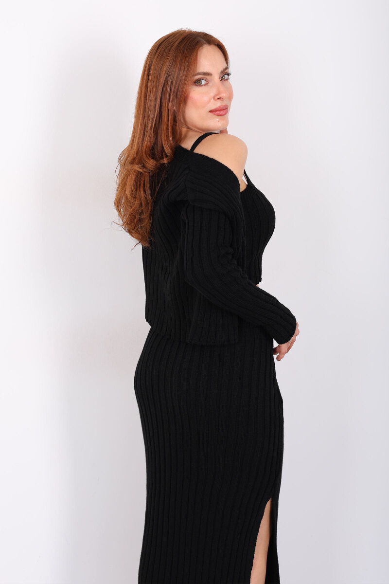 Fitilli Siyah Kadın Üçlü Triko Etek Takım (Crop - Hırka - Etek) - 5