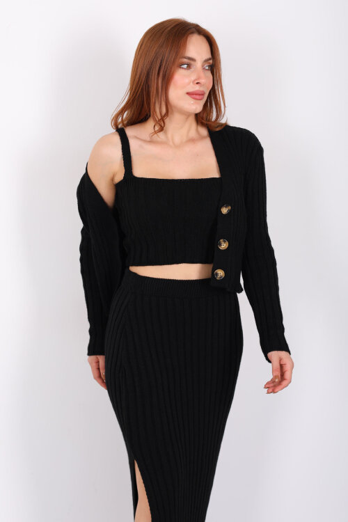 Fitilli Siyah Kadın Üçlü Triko Etek Takım (Crop - Hırka - Etek) - 6