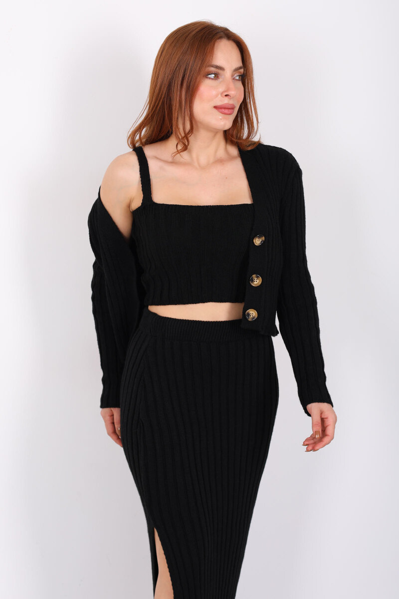 Fitilli Siyah Kadın Üçlü Triko Etek Takım (Crop - Hırka - Etek) - 6