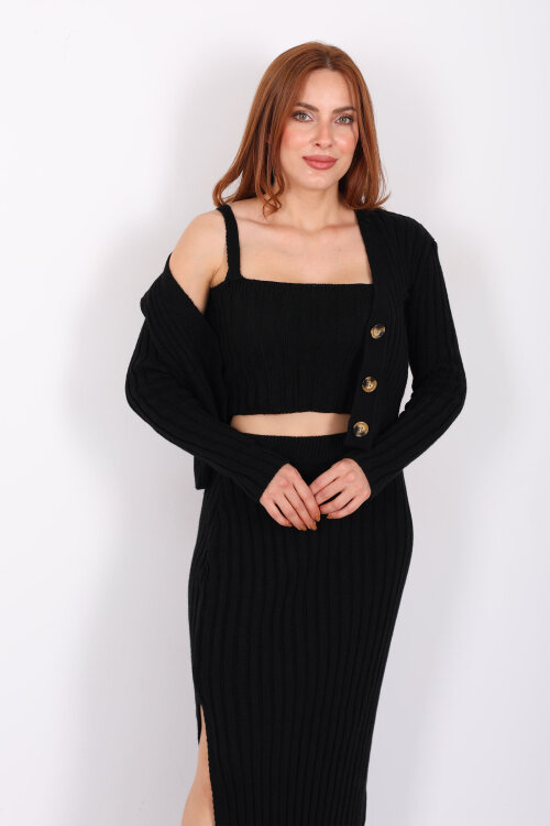 Fitilli Siyah Kadın Üçlü Triko Etek Takım (Crop - Hırka - Etek) - Berox