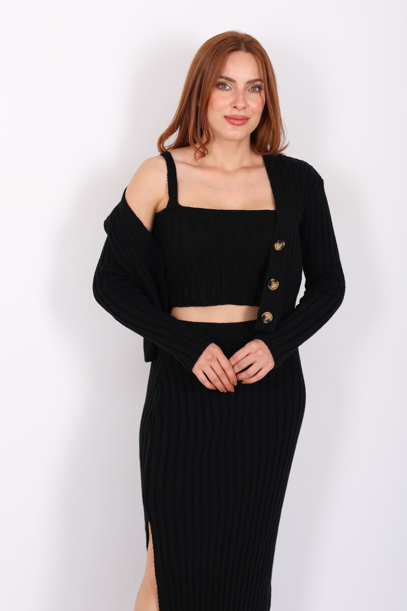 Fitilli Siyah Kadın Üçlü Triko Etek Takım (Crop - Hırka - Etek) - 1