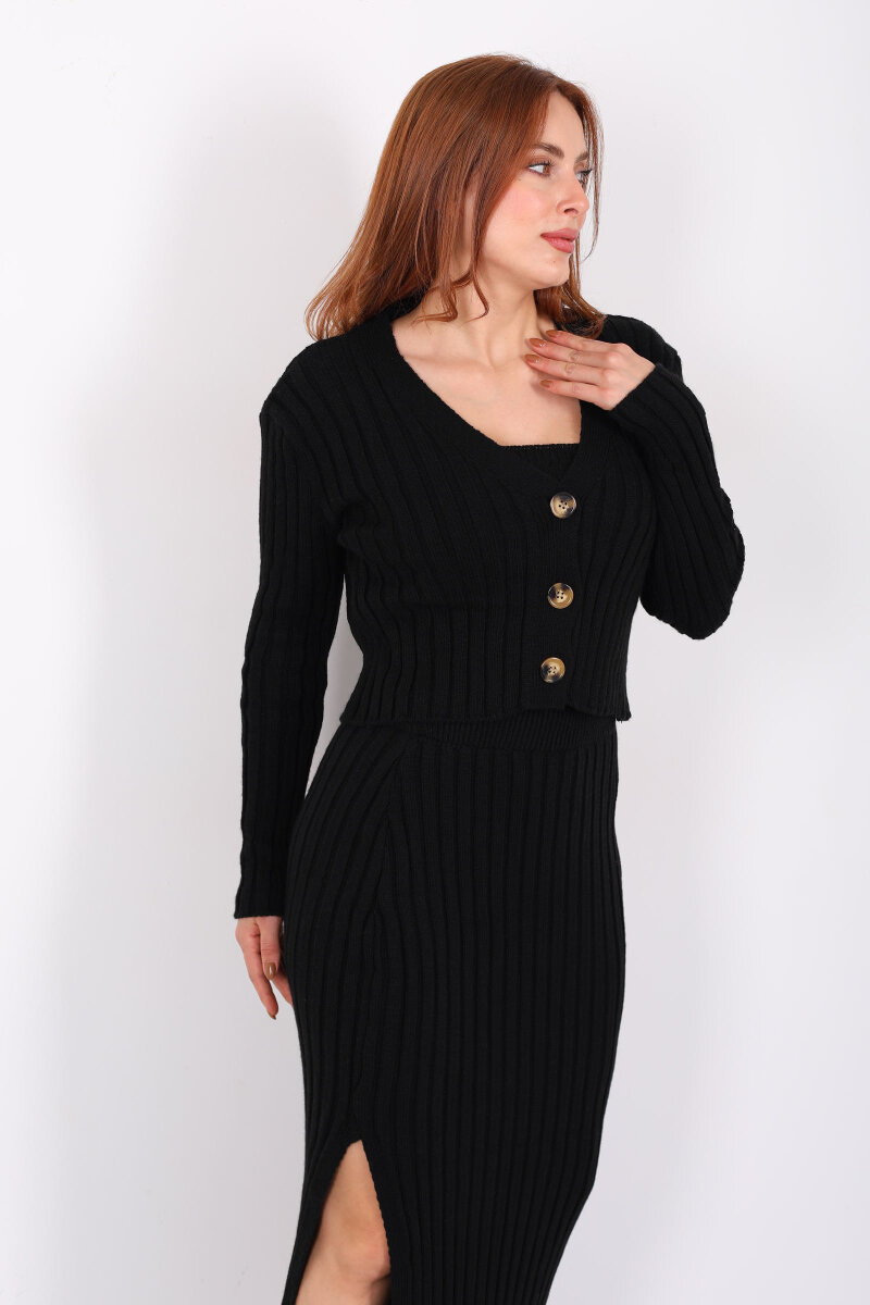 Fitilli Siyah Kadın Üçlü Triko Etek Takım (Crop - Hırka - Etek) - 4