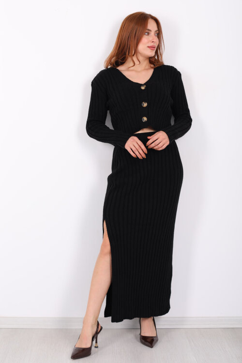 Fitilli Siyah Kadın Üçlü Triko Etek Takım (Crop - Hırka - Etek) - 7